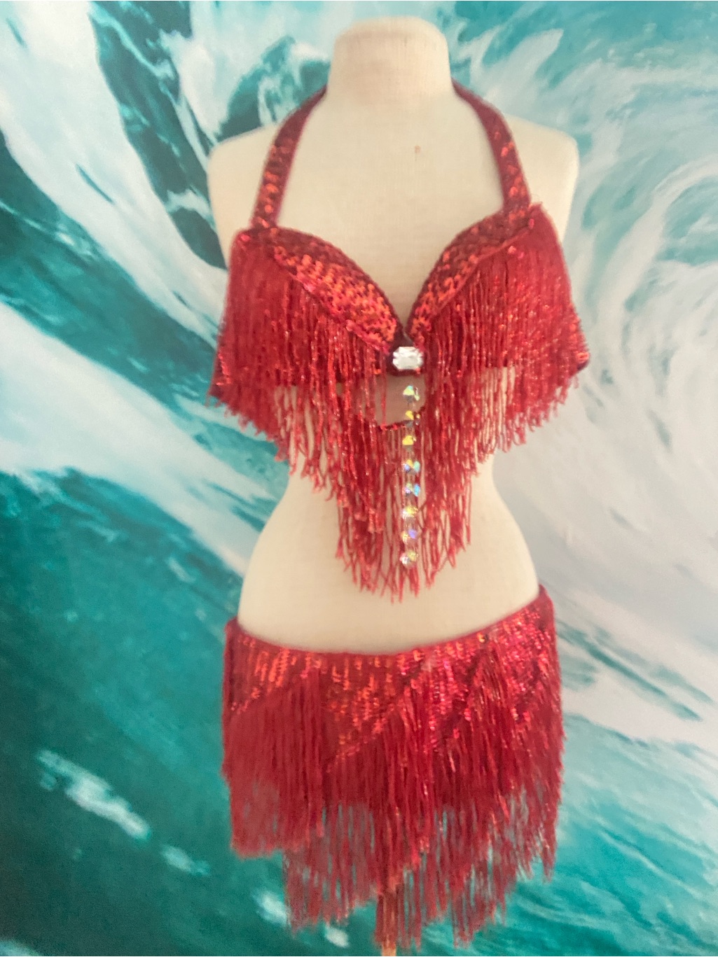 Red Sequin Fringe Belly Dancing Costume